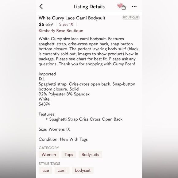 NWT Plus Size Curvy WHITE Lace Cami Bodysuit Criss Cross Open Back- Size 1XL - Picture 8 of 8